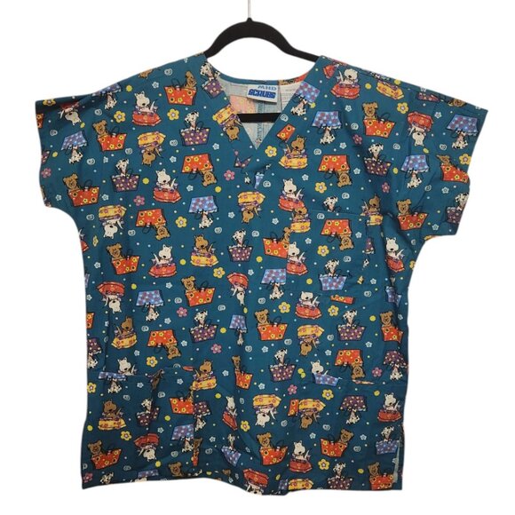 MHD Scrubs Teal Dog Floral Print Scrubs Top Size M 10/12 - Picture 1 of 5